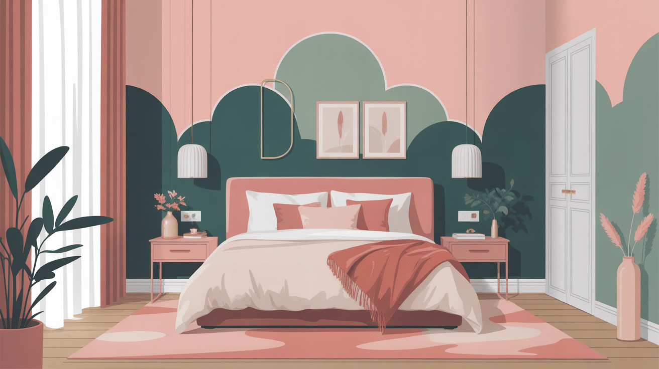 illustration chambre verte et rose design moderne