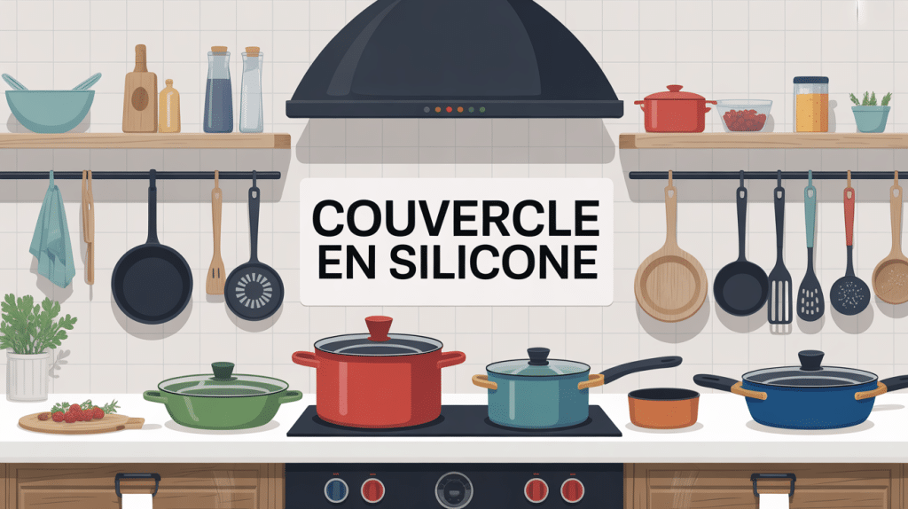 couvercle en silicone sur différents plats dans une cuisine organisée