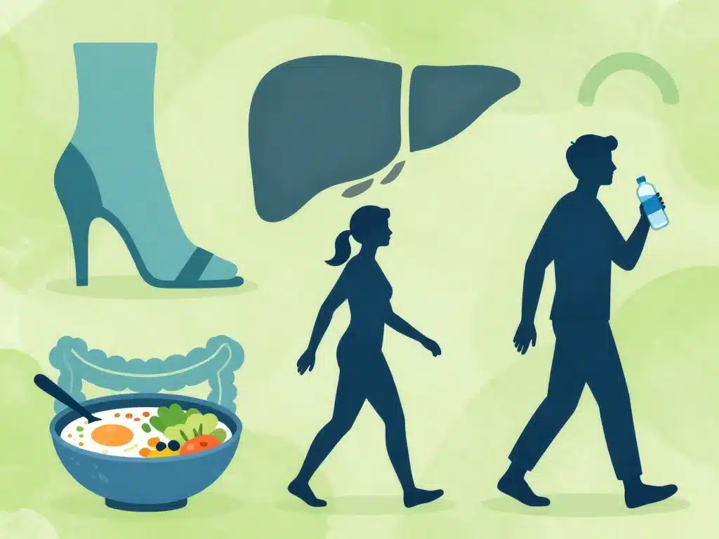 Scène hygiène de vie épine calcanéenne et foie intestin, silhouette et organes