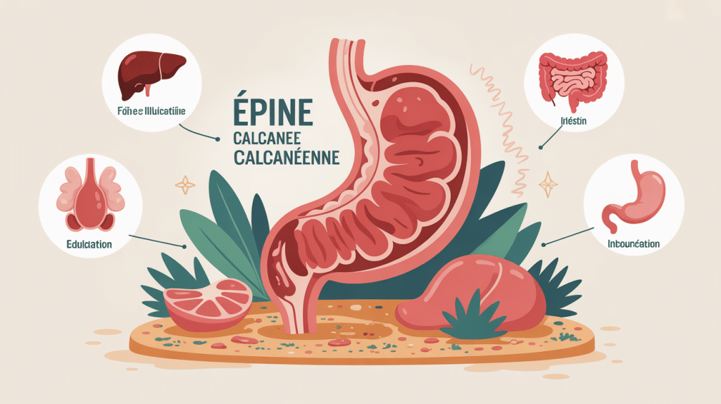 Illustration épine calcanéenne et foie intestin, pied entouré d'organes