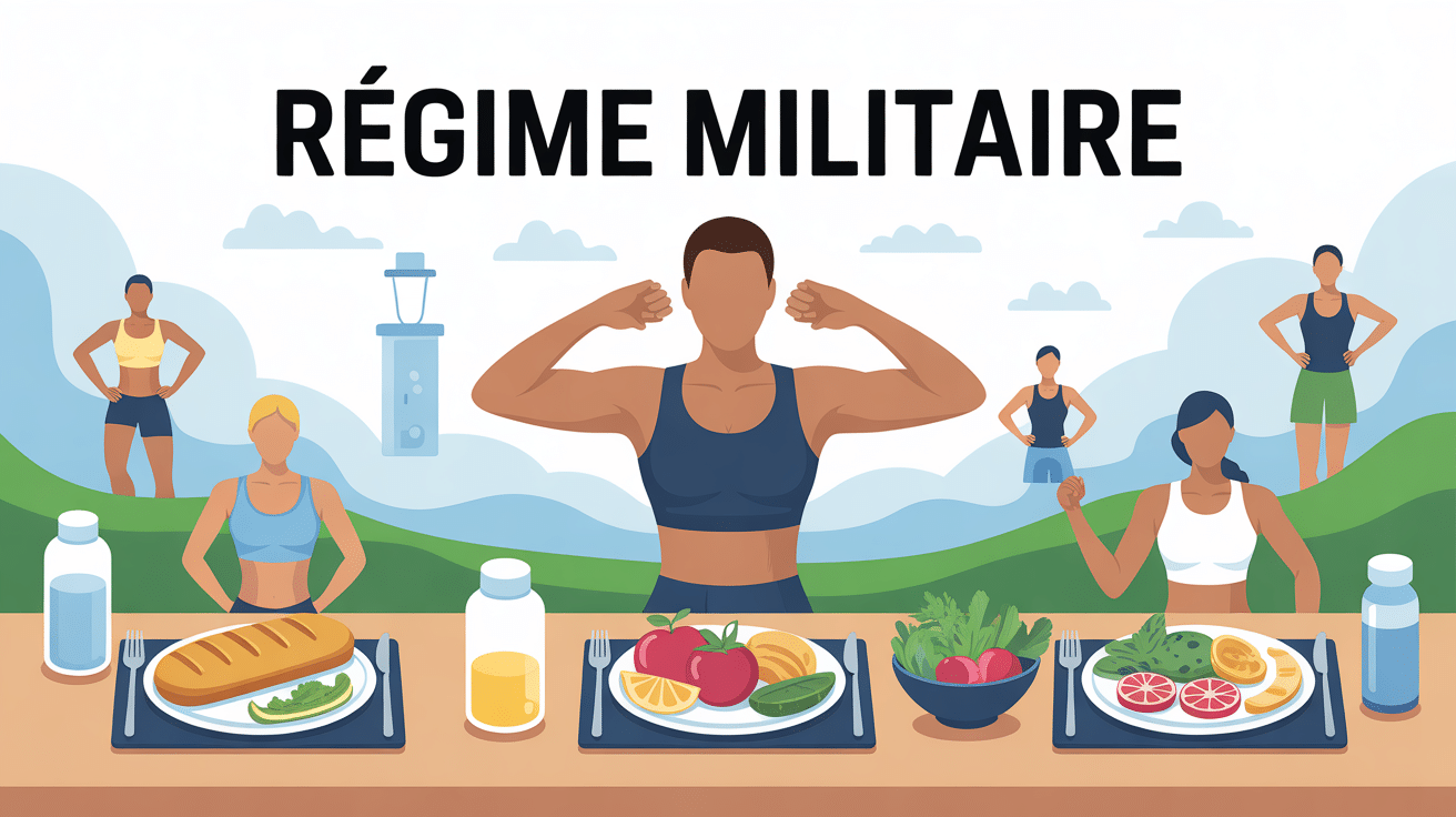 illustration régime militaire perdre 8 kilos en 1 semaine, balance, sport, menus