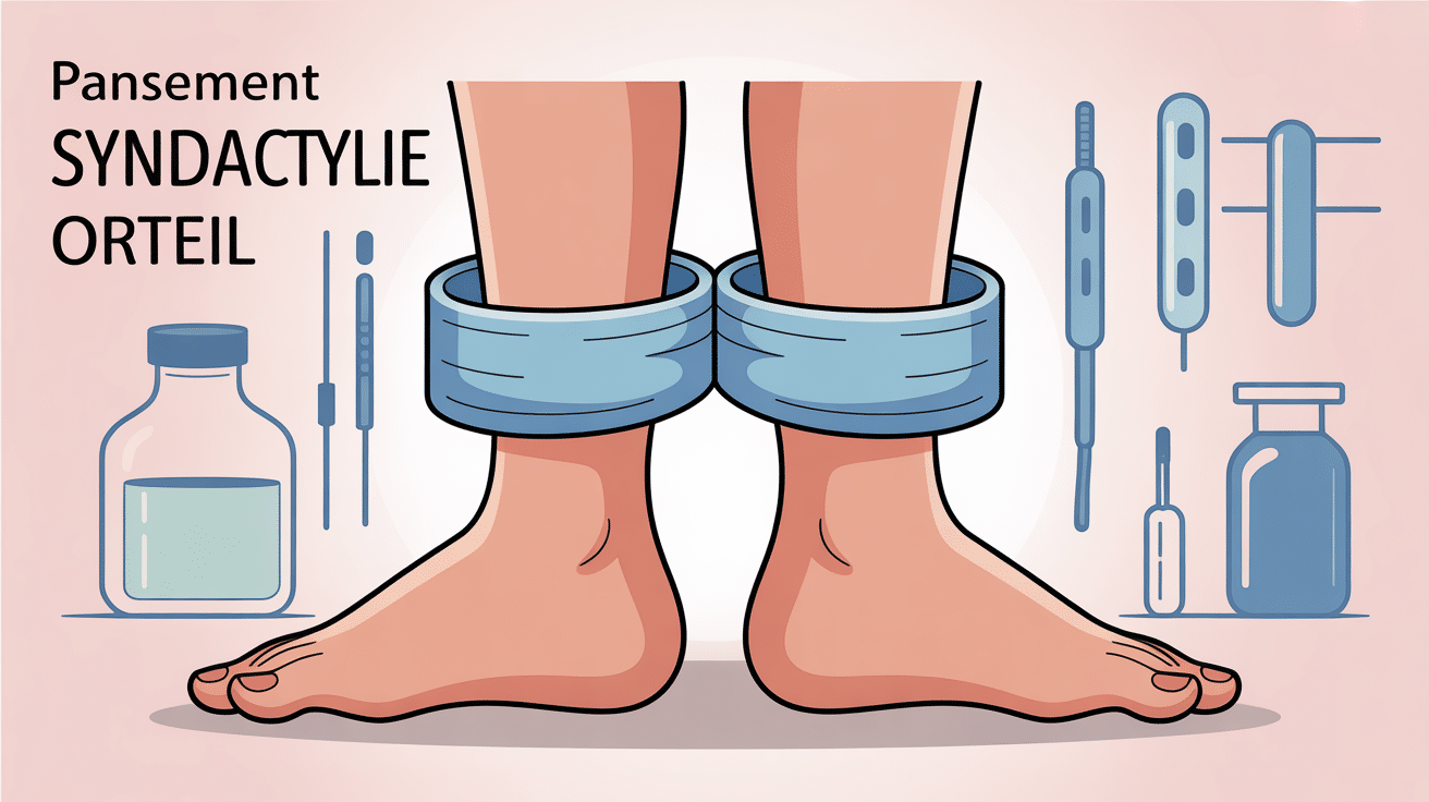 Illustration syndactylie orteil pansement avec deux orteils soudés entourés de pansements