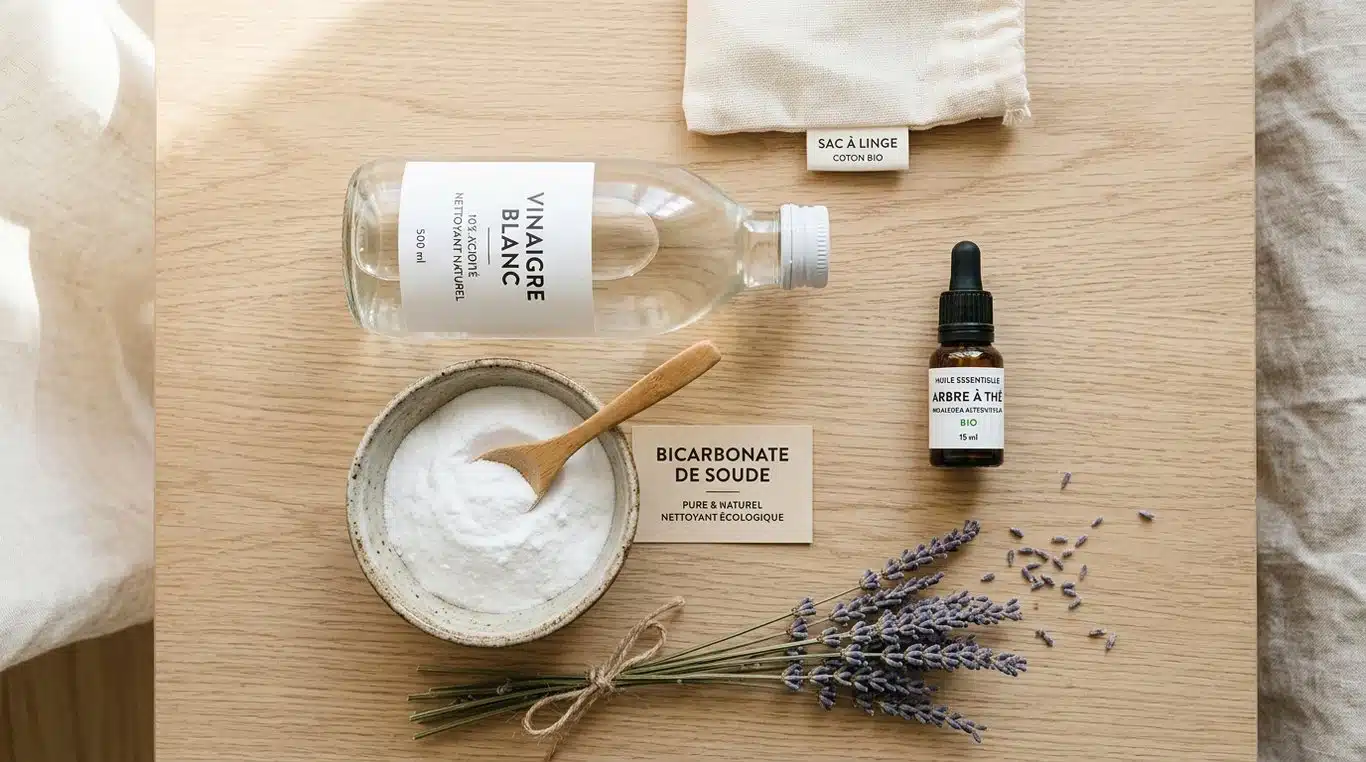 Ingrédients naturels pour désinfecter le linge : vinaigre blanc, bicarbonate de soude et huiles essentielles