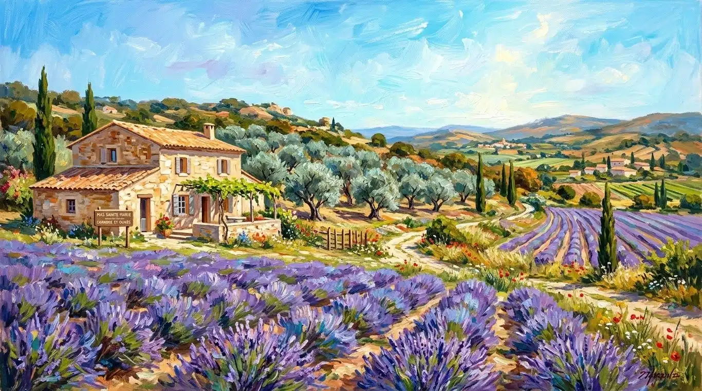 Tableau de paysage provençal avec champs de lavande et oliviers