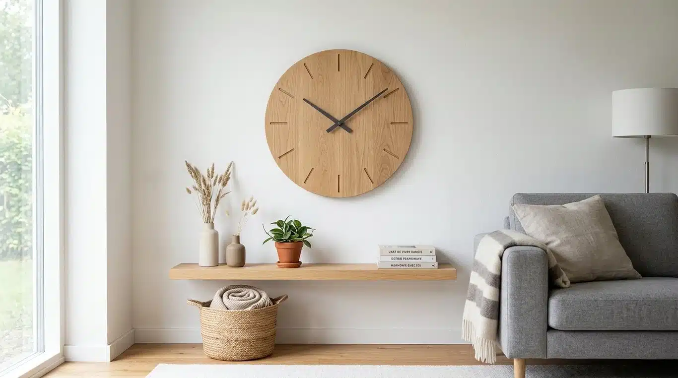 Horloge murale en bois design dans un salon moderne