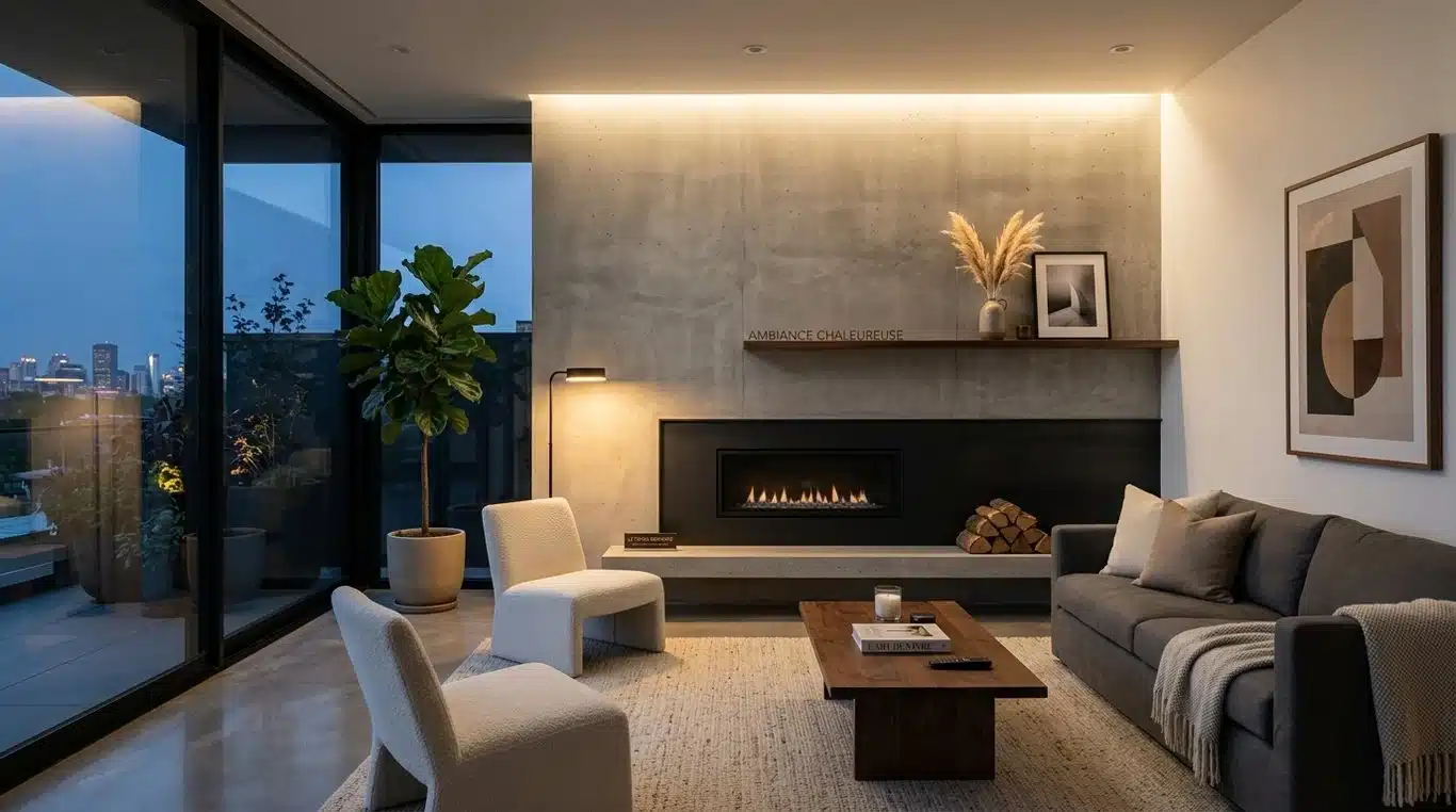 Exemple d'habillage de cheminée moderne avec insert en acier noir et béton