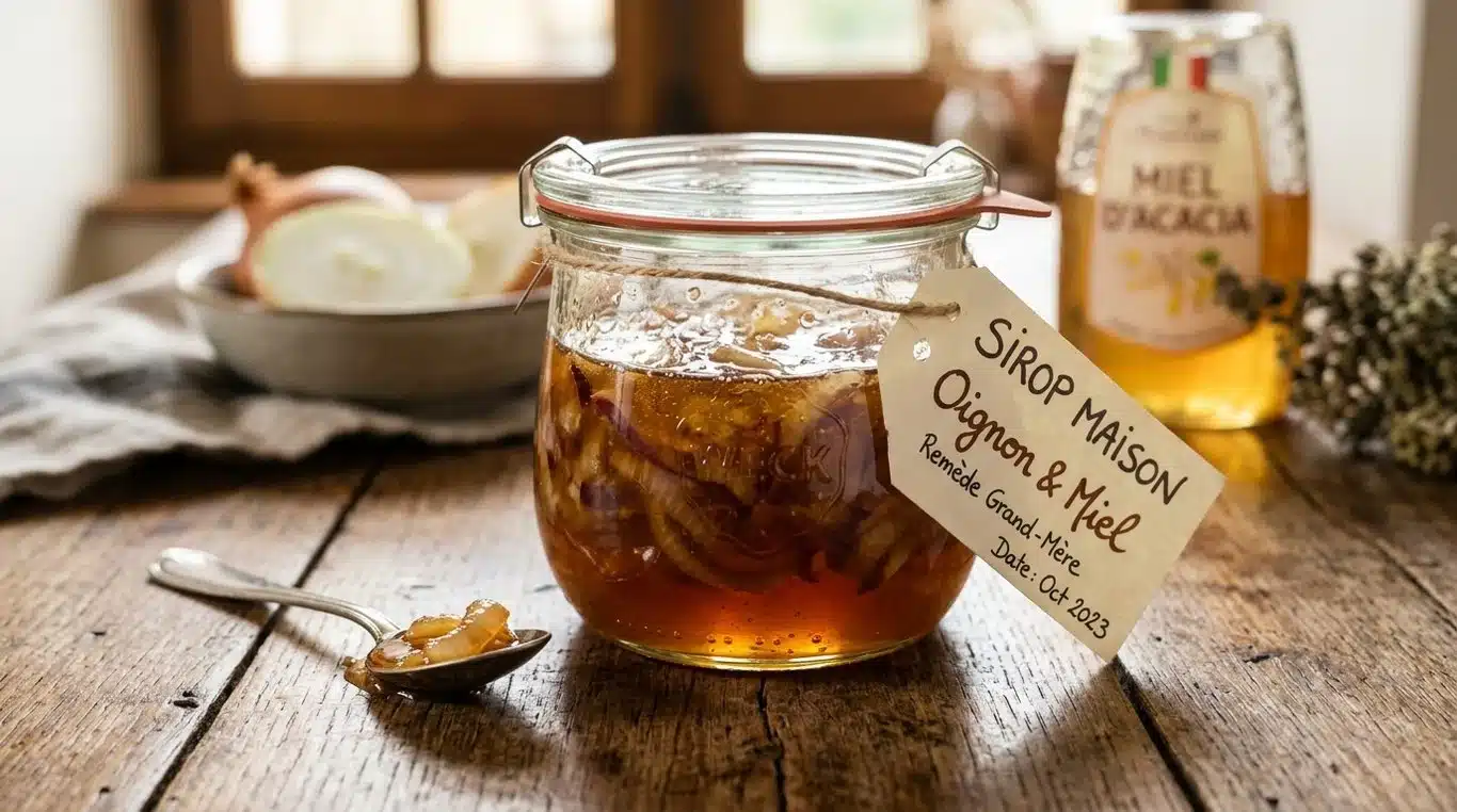 Sirop d'oignon maison au miel dans un bocal en verre