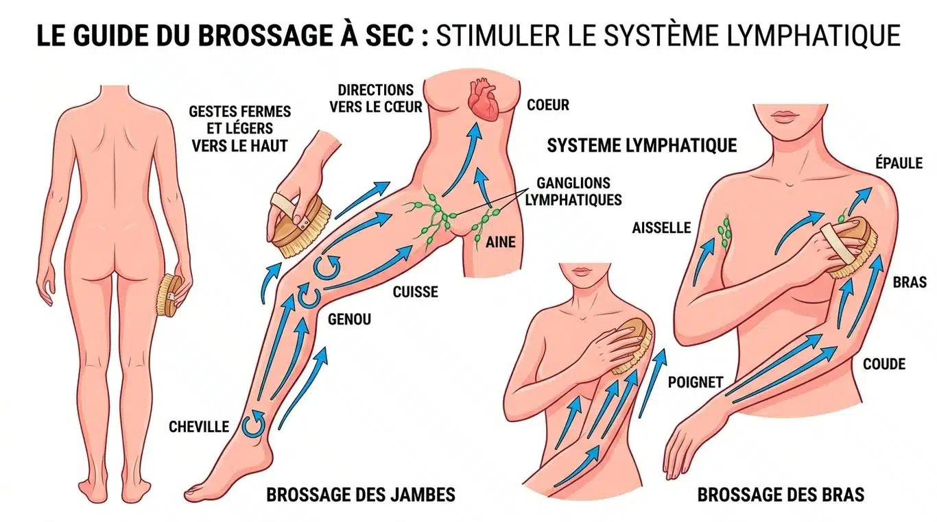 Schéma illustrant le sens du brossage à sec pour le drainage lymphatique