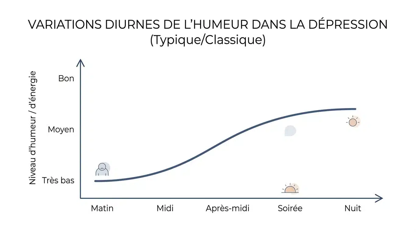 Graphique illustrant la variation diurne de l'humeur : humeur basse le matin, remontant progressivement vers le soir.