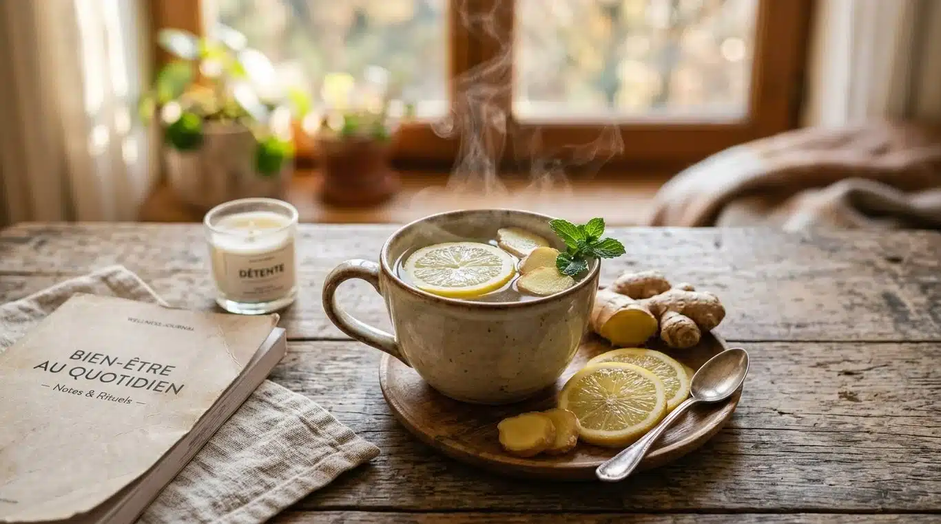 Une tasse d'eau chaude avec du citron et du gingembre pour une routine bien-être