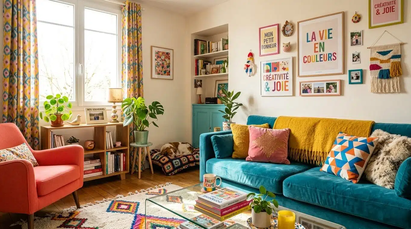 Exemple d'aménagement intérieur style Dopamine Decor avec des couleurs vibrantes et des textures tactiles.
