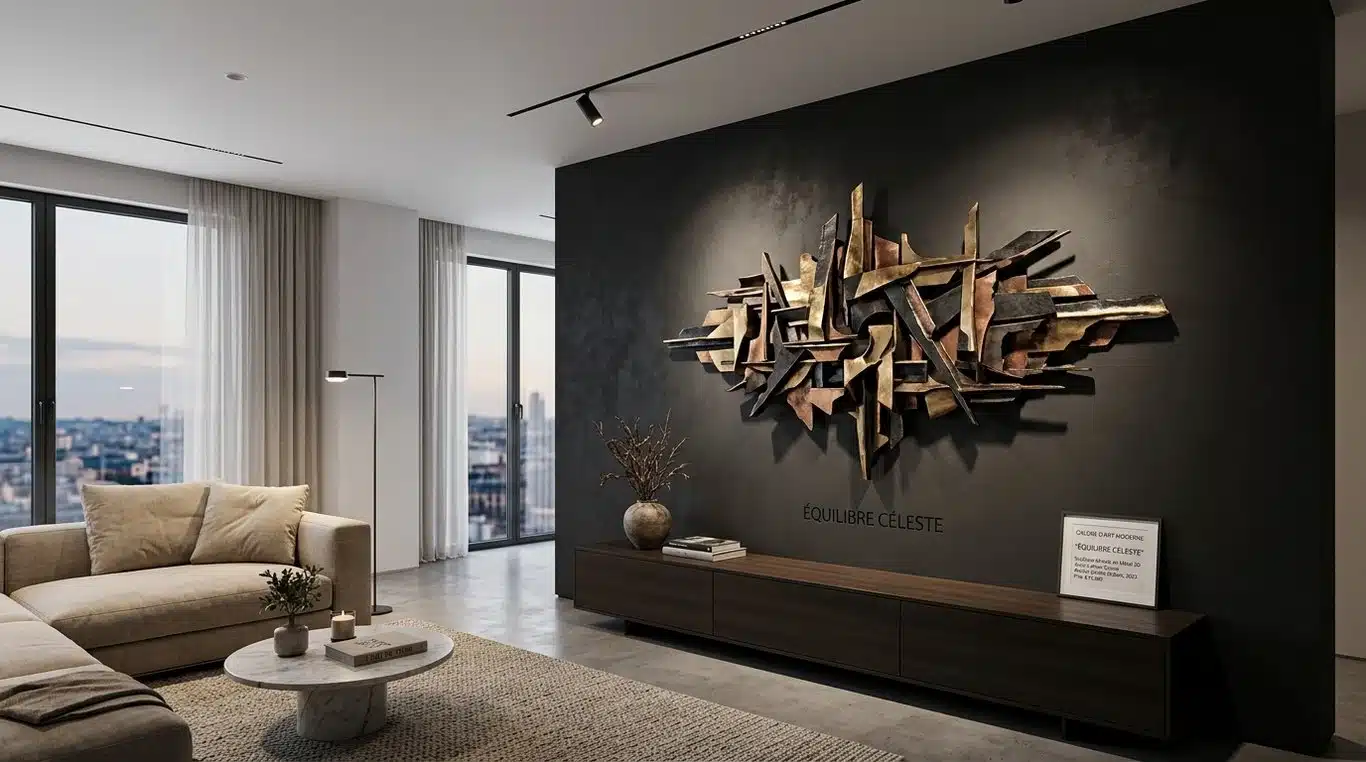 Tableau 3D relief en métal dans un salon moderne avec éclairage rasant