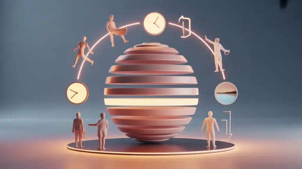 Illustration 3D : structurer sa journée en blocs pour équilibre travail et social