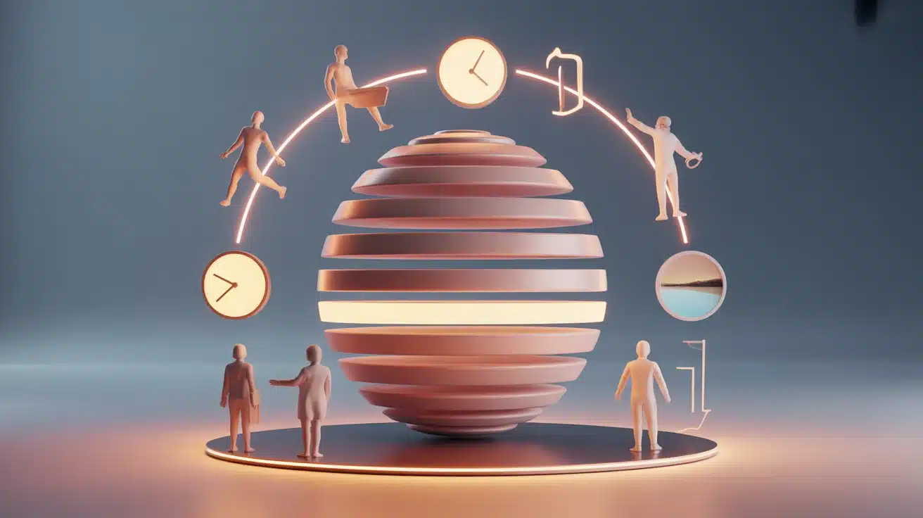 Illustration 3D : structurer sa journée en blocs pour équilibre travail et social