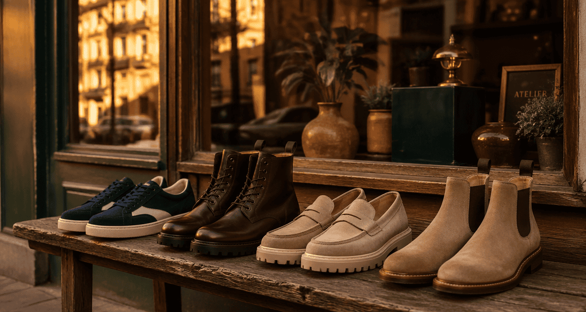 chaussure homme tendance 2025 alignées devant boutique