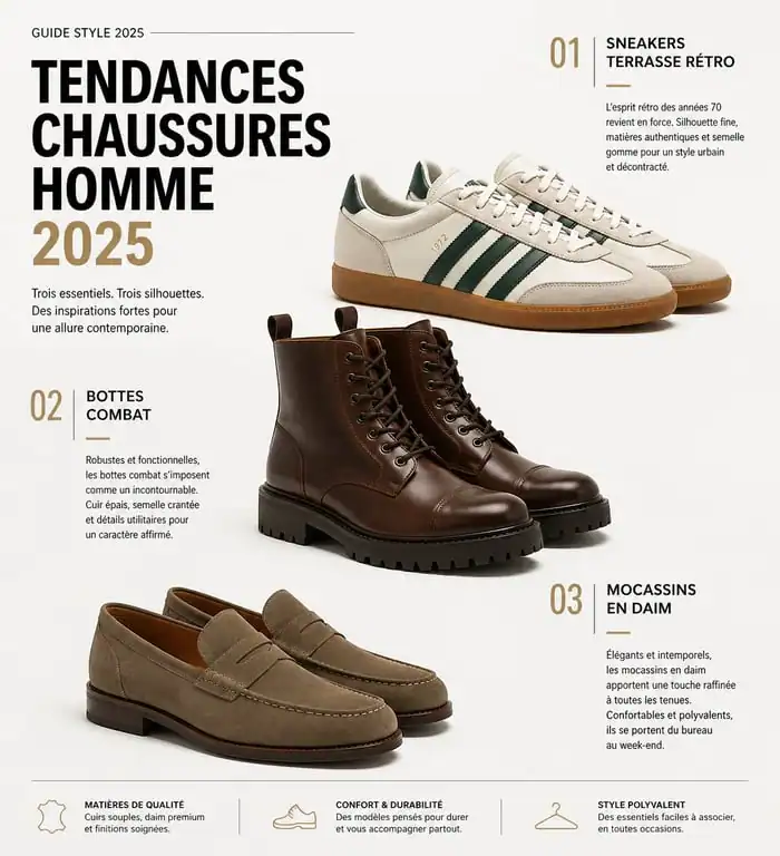 Sélection de chaussures homme tendance 2025 : sneakers rétro, combat boots et mocassins