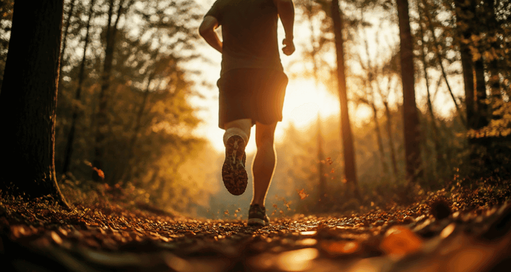 10 bienfaits de la course a pied, coureur en forêt au coucher du soleil