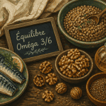 aliments omega 3 et 6 sur table rustique