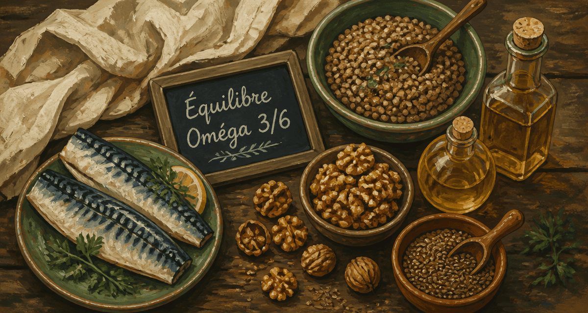 aliments omega 3 et 6 sur table rustique