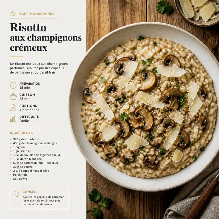 Risotto aux champignons crémeux, plat emblématique de la cuisine italienne