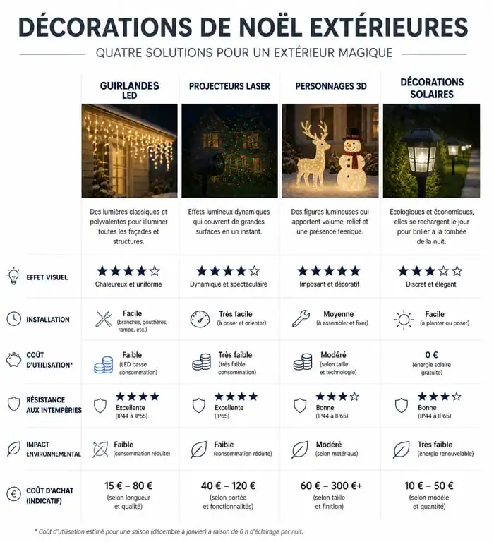 Tableau comparatif des types de décorations de Noël extérieures : guirlandes, projecteurs, personnages 3D et éclairages solaires.
