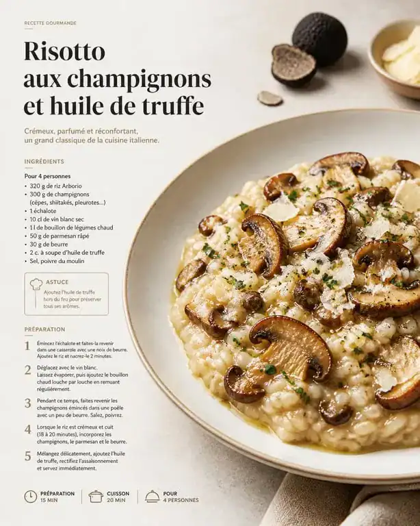 Risotto aux champignons et huile de truffe, recette signature de la Maison des Chefs