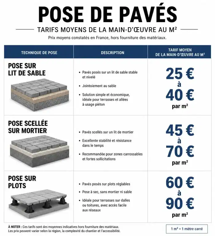 Infographie des prix de pose de pavés au m2 sans fourniture selon la technique