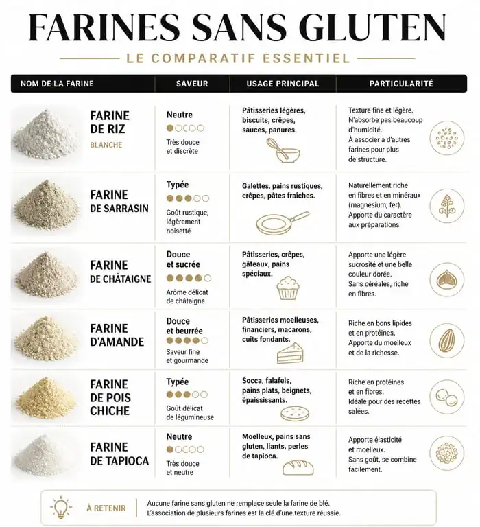 Tableau comparatif des farines sans gluten : saveurs et usages