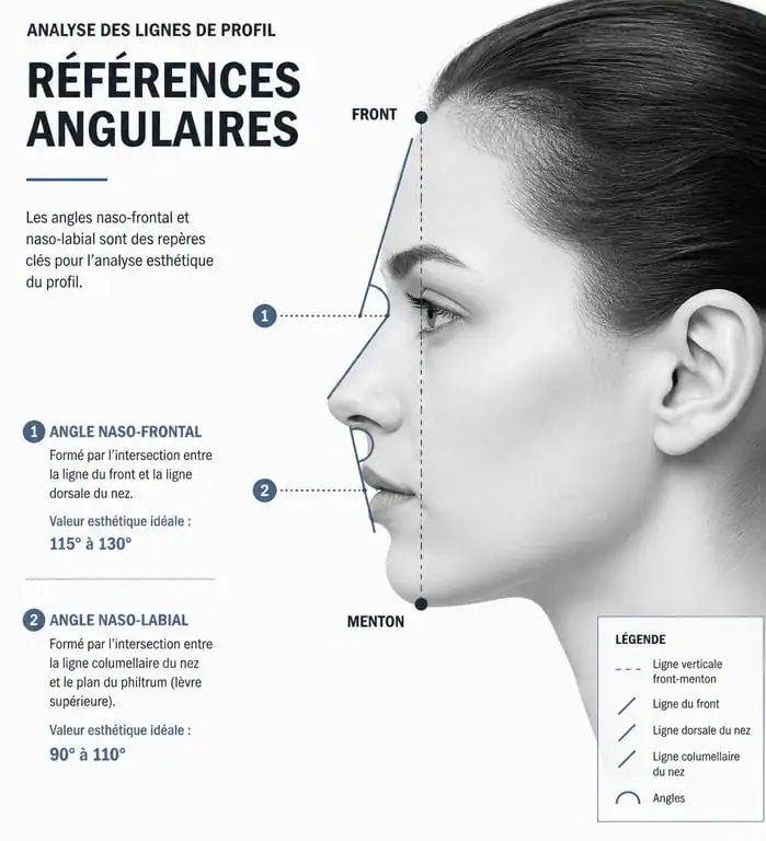 Schéma des lignes et angles du visage pour une profiloplastie réussie