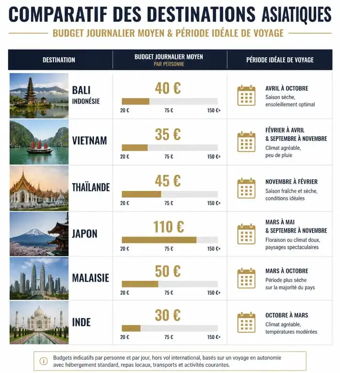 Infographie comparative des destinations en Asie : budget et période idéale pour votre voyage.