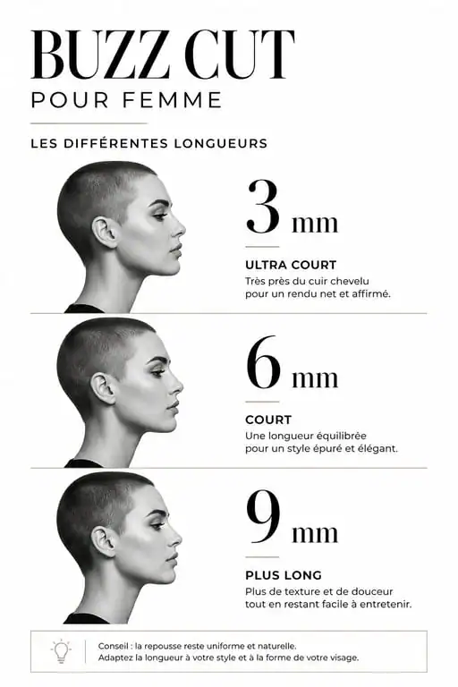 Infographie des différentes longueurs de buzz cut femme : 3mm, 6mm et 9mm