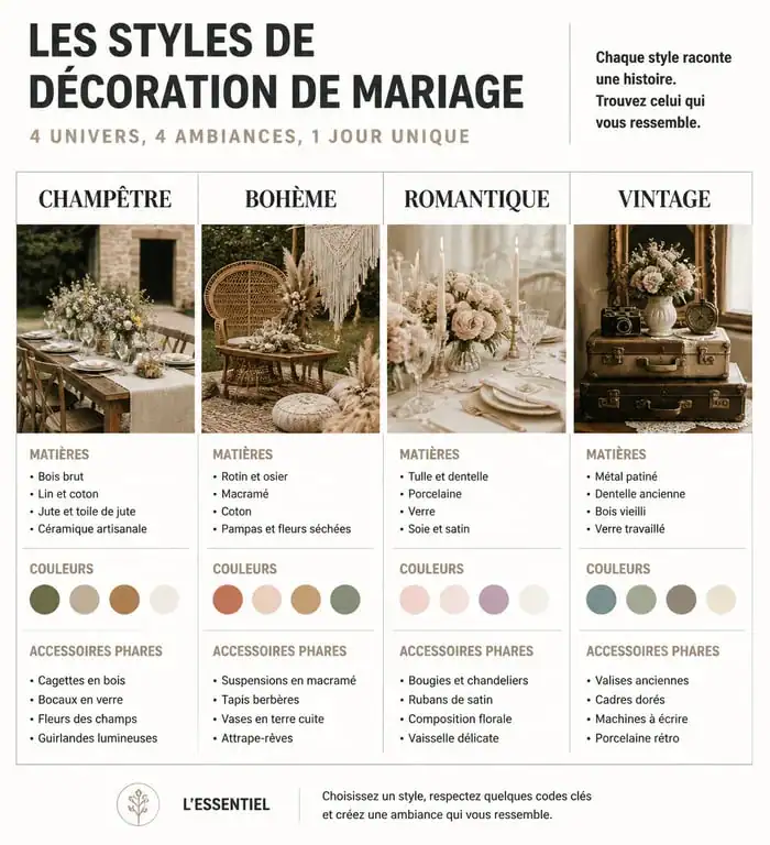 Infographie des styles de décoration de mariage : champêtre, bohème, romantique et vintage