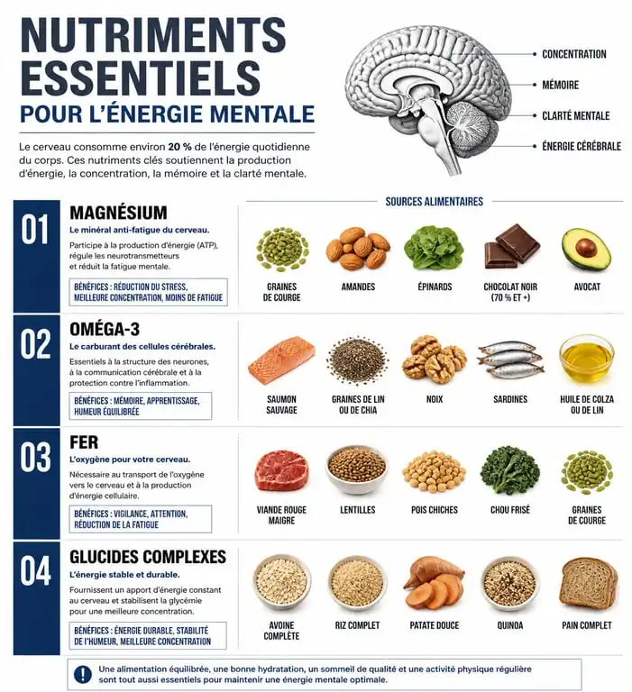 Infographie des nutriments essentiels pour retrouver de l'énergie mentale et combattre la fatigue cognitive