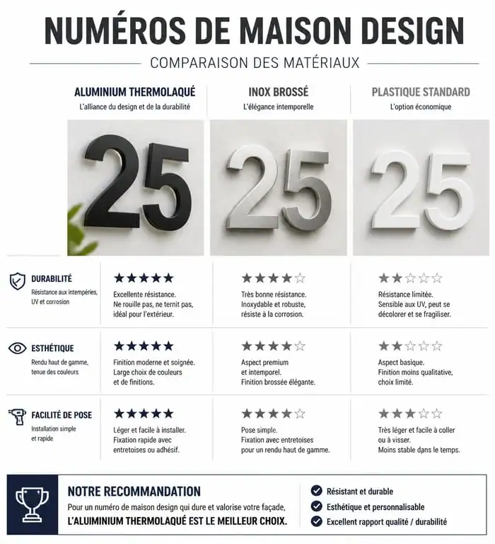 Infographie comparative des matériaux pour numéro de maison design : aluminium, inox et plastique