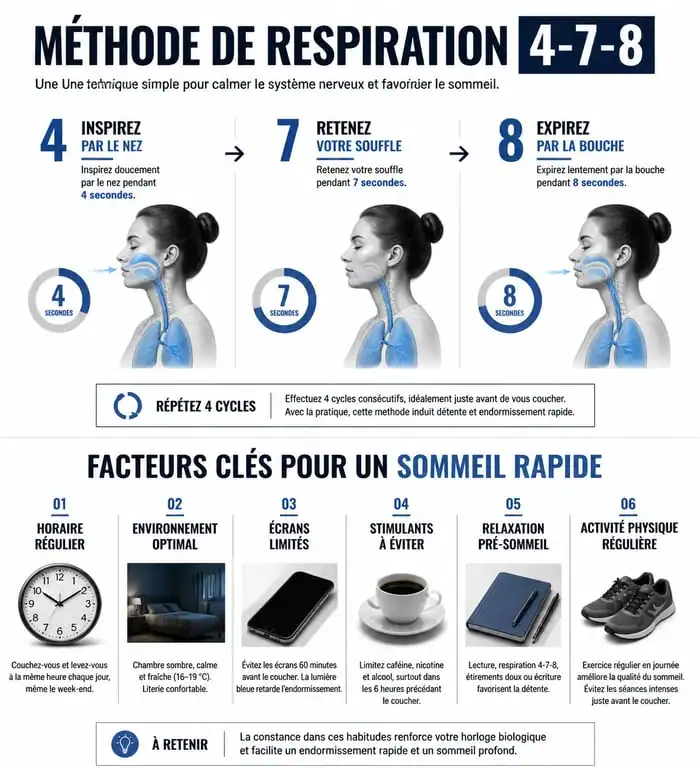 Infographie des techniques pour trouver le sommeil rapidement incluant la méthode 4-7-8
