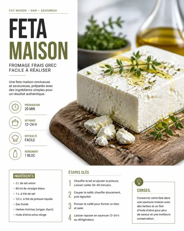 Feta maison artisanale prête à déguster sur planche en bois