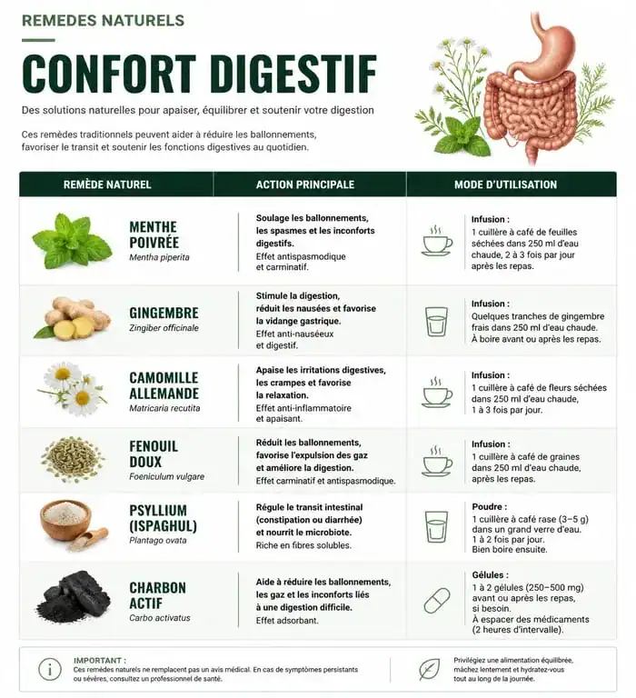 Infographie récapitulative des remèdes de grand-mère pour nettoyer l'estomac et améliorer la digestion.