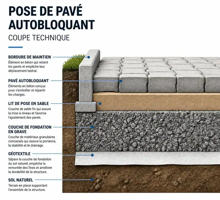 Schéma technique des couches pour la pose de pavés autobloquants
