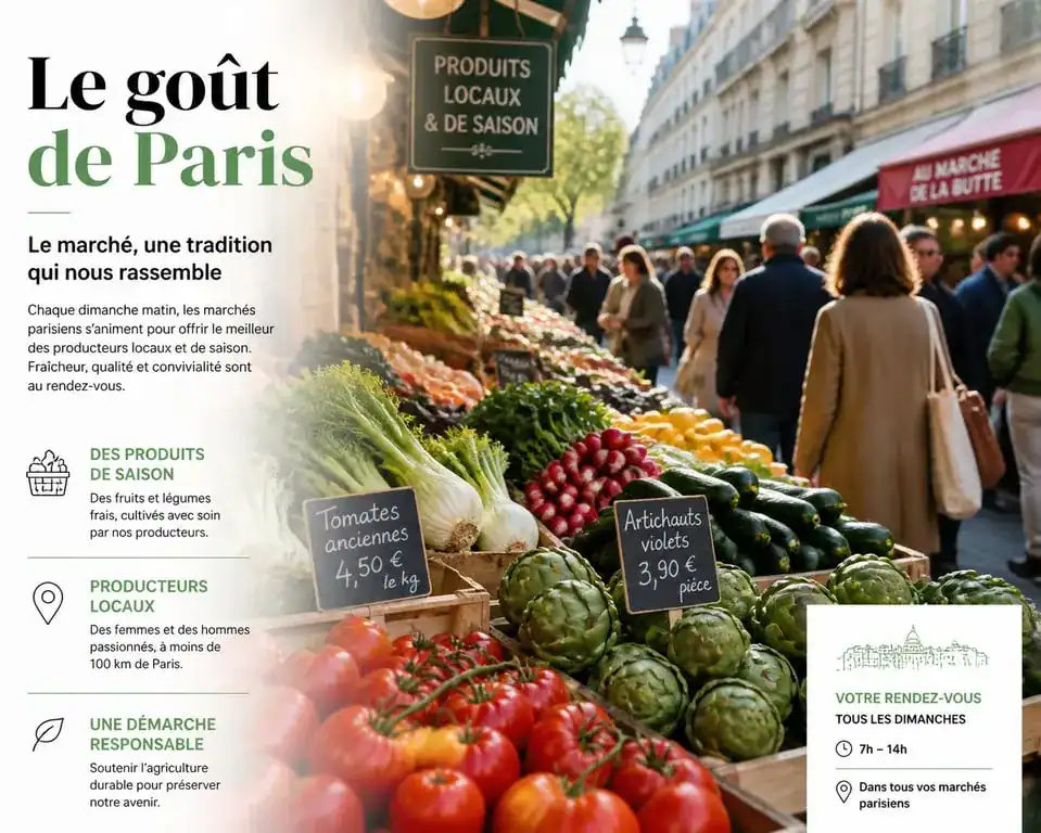 Marché à Paris le dimanche avec étals de produits frais