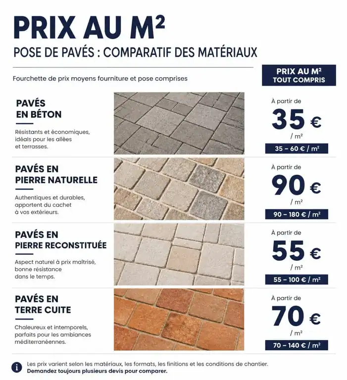 Comparatif des prix au m2 pour la pose de pavés selon les matériaux