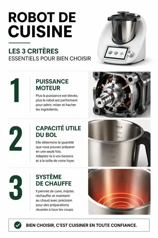 Infographie des critères de choix pour le meilleur robot cuisine : puissance, capacité et système de chauffe