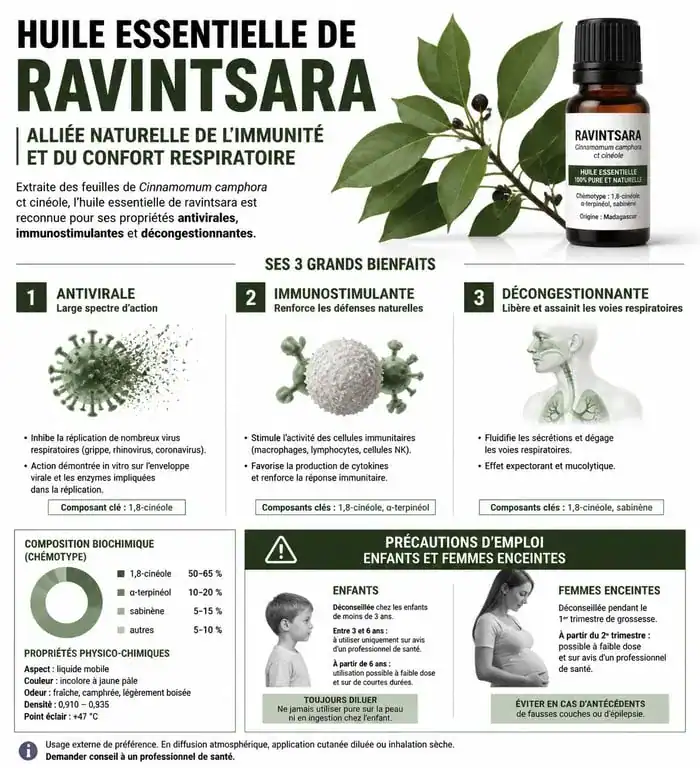 Infographie des bienfaits et précautions de l'huile essentielle de ravintsara pour la santé