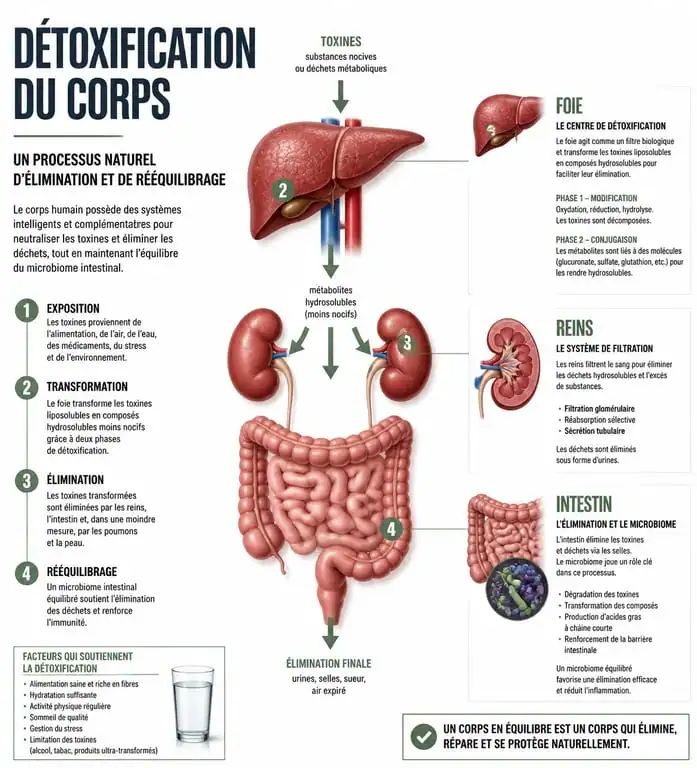 Infographie sur le fonctionnement d'une cure cleanse pour le corps et l'équilibre du microbiome