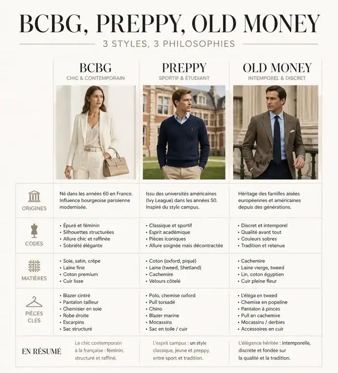Comparatif des styles vestimentaires homme : BCBG, Preppy et Old Money pour adopter le style bcbg homme.