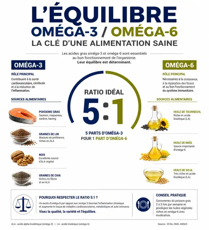 Infographie sur l'équilibre des oméga 3 et 6 dans l'alimentation