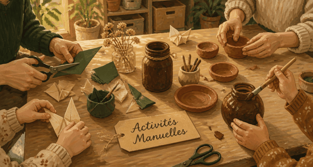 Faire des activités manuelles sur une table avec enfants et adultes