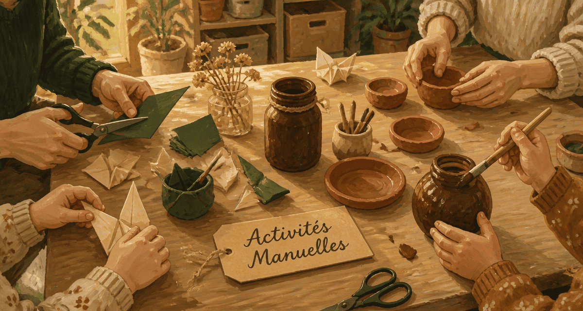 Faire des activités manuelles sur une table avec enfants et adultes