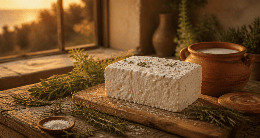 feta maison crémeuse sur planche rustique