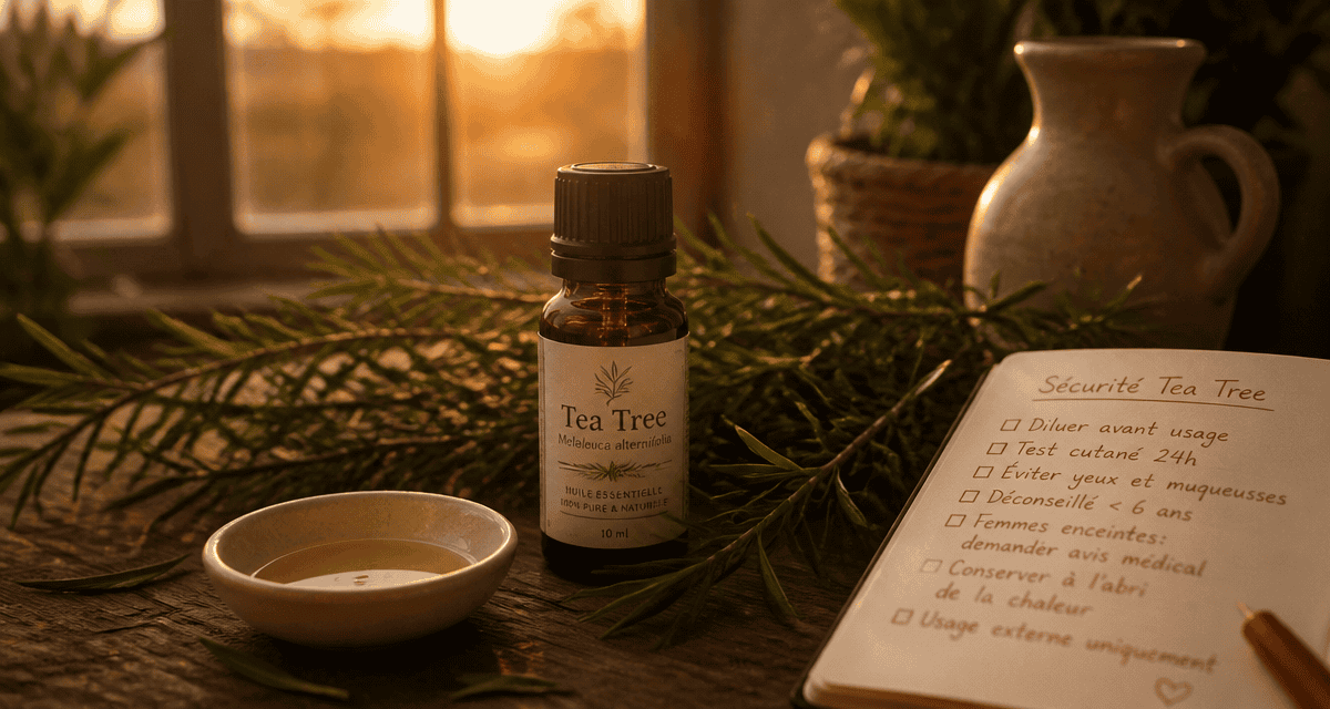 huile essentielle tea tree utilisation flacon feuilles carnet