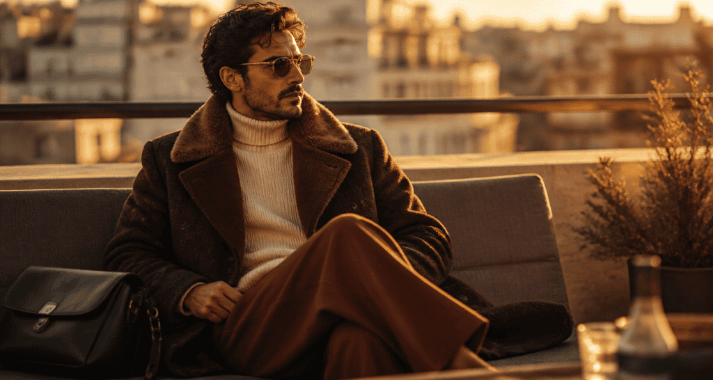 look homme 2025 manteau marron terrasse